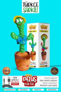 Konuşan Dans Eden Türkçe Şarkılı Işıklı Taklitçi Saksı Kaktüs Peluş Oyuncak Kutulu