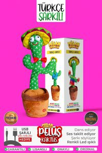 Konuşan Dans Eden Türkçe Şarkılı Işıklı Taklitçi Saksı Kaktüs Peluş Oyuncak Kutulu