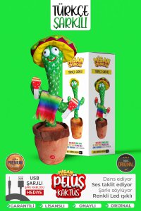 Konuşan Dans Eden Türkçe Şarkılı Işıklı Taklitçi Saksı Kaktüs Peluş Oyuncak Kutulu