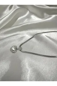 Yüksek Kalite Çelik Italyan Zincirli Sedefli Bombeli Vintage Kalp Kolye Silver 40 Cm