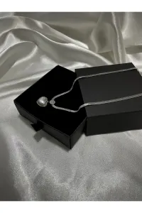 Yüksek Kalite Çelik Italyan Zincirli Sedefli Bombeli Vintage Kalp Kolye Silver 40 Cm