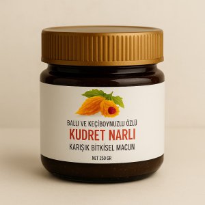 KUDRET NAR MACUN 250cc  İçindekiler:  Bal, Keçiboynuzu Özü, Kudret Narı, Rezene, Kantaron, Kırkkilit Otu, Gülhatmi Çiçeği, Ebe Gümeci,Çörek Otu, Keten Tohumu, Polen, Damla Sakızı, Karabaş Otu. Aynısefa çiçegi  Bağırsak onarımı ve mide mukozası ve özafagus güçlendirme  Bağışıklık sistemi  desteği, Karaciğer ve sindirim destekleyici  vücut direncini artırma amaçlarıyla güçlü bir bitkisel karışımıdır. SABAH AKŞAM 1 TATLI KAŞIĞI KULLANIMA UYGUNDUR. Aç karnına tüketim önerilir. Tokta tüketilebilir
