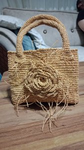 Bej Örgü Bohem Çiçekli Kol Çantası